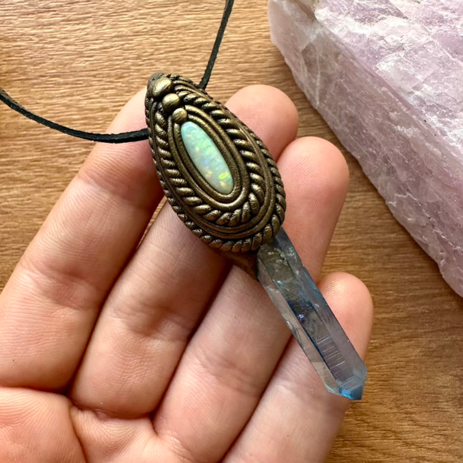 Aqua Aura Quartz and Australian Opal Pendant Necklace - FairyGardenGlow
