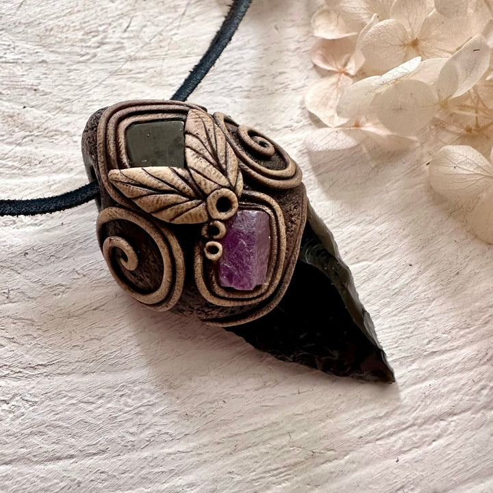 Black Obsidian Arrowhead Ruby and Dravite Pendant Necklace - FairyGardenGlow