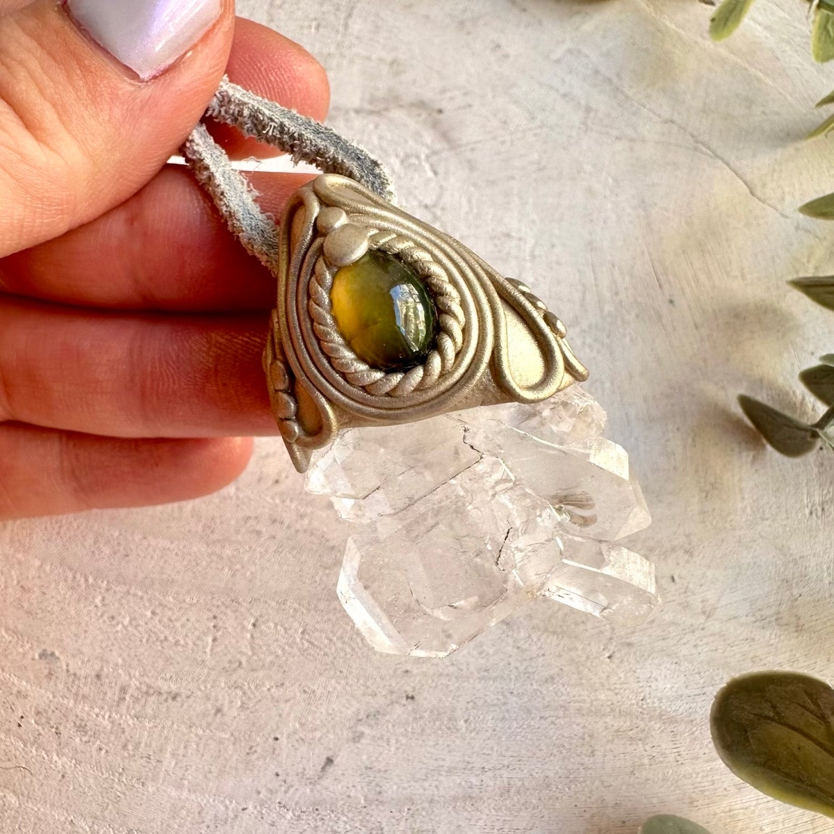 Faden Quartz and Black Ethiopian Opal Pendant Necklace, Handmade Crystal Jewelry