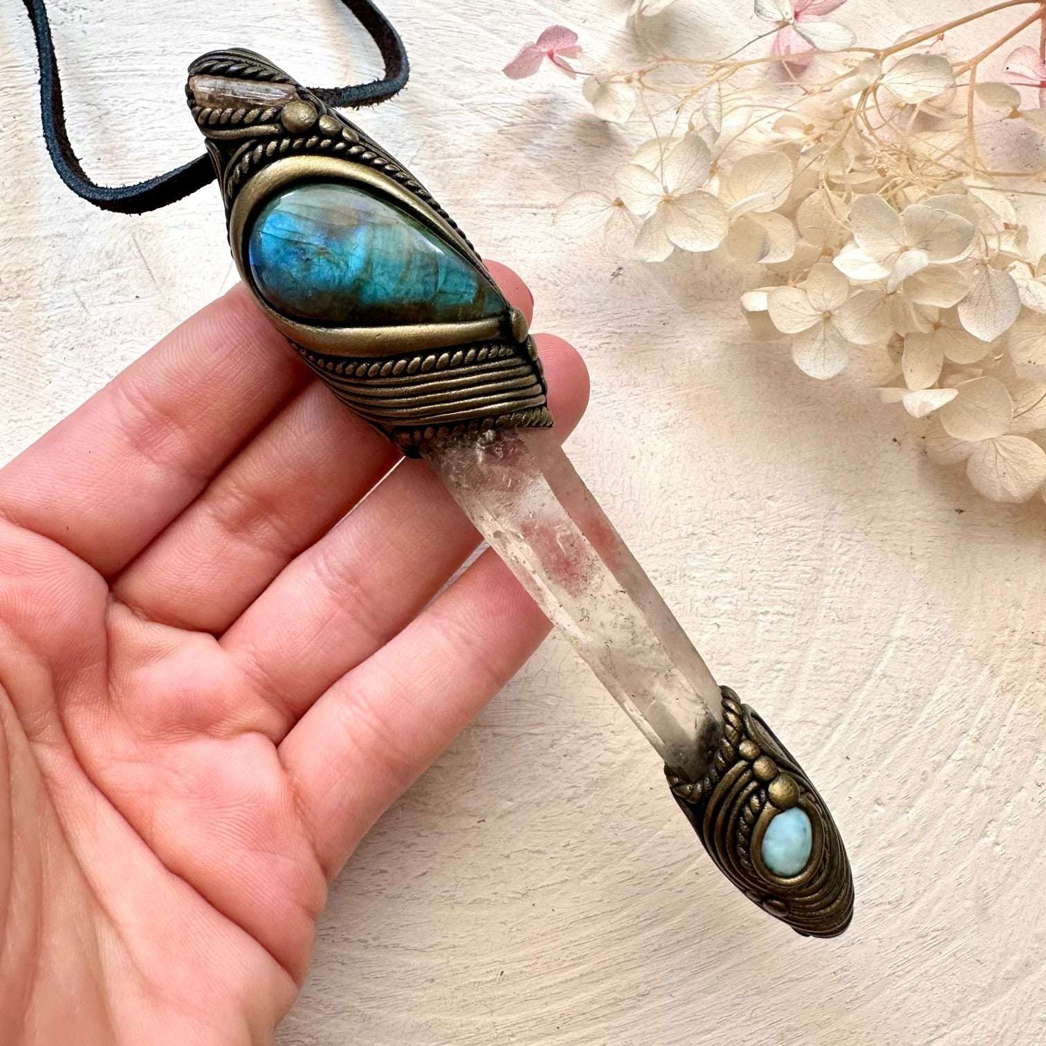 Lemurian Seed Quartz Labradorite Larimar and Imperial Topaz Crystal Wand / Pendant - FairyGardenGlow