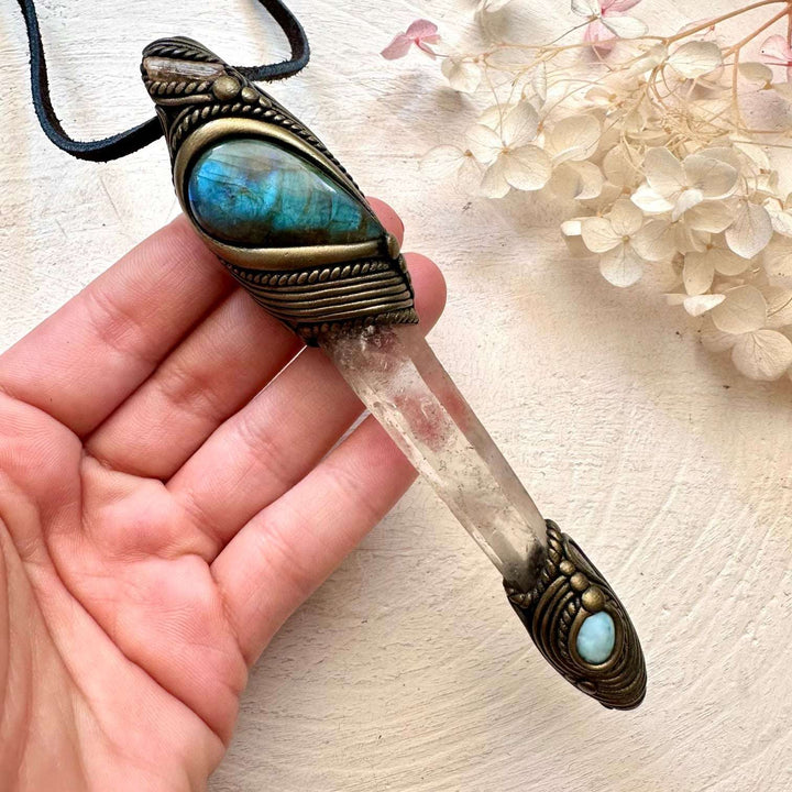 Lemurian Seed Quartz Labradorite Larimar and Imperial Topaz Crystal Wand / Pendant - FairyGardenGlow