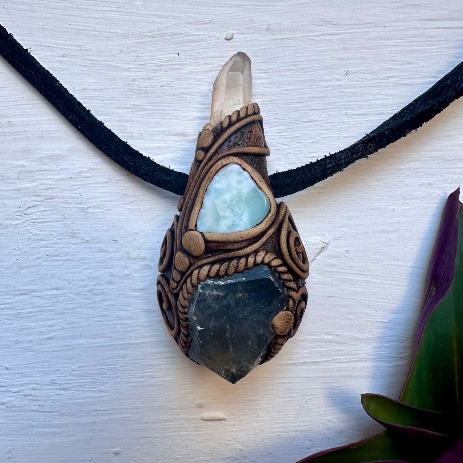 Celestite Clear Quartz and Larimar Necklace, Handmade Crystal Pendant - FairyGardenGlow