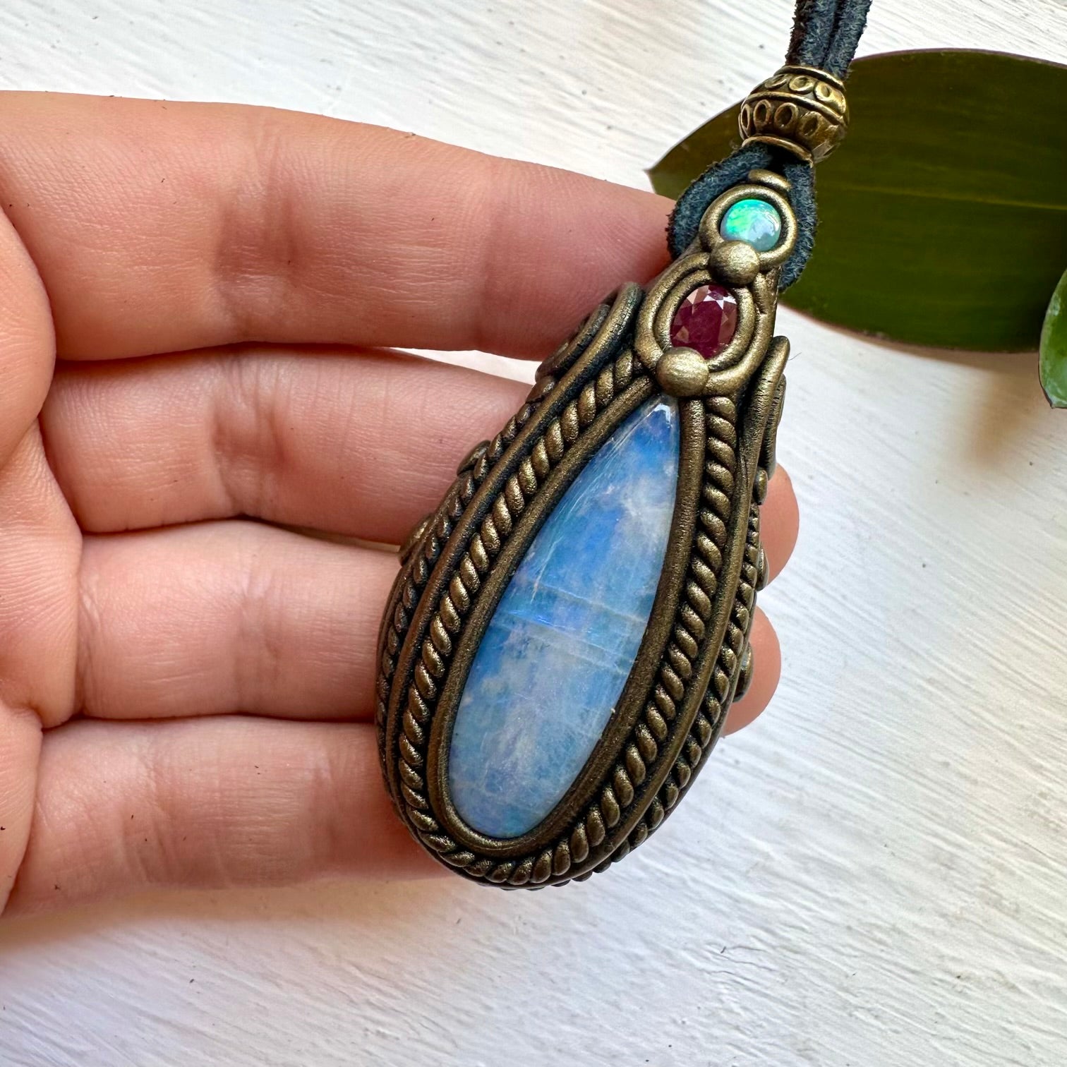 Rainbow Moonstone Ruby and Australian Opal Necklace - FairyGardenGlow