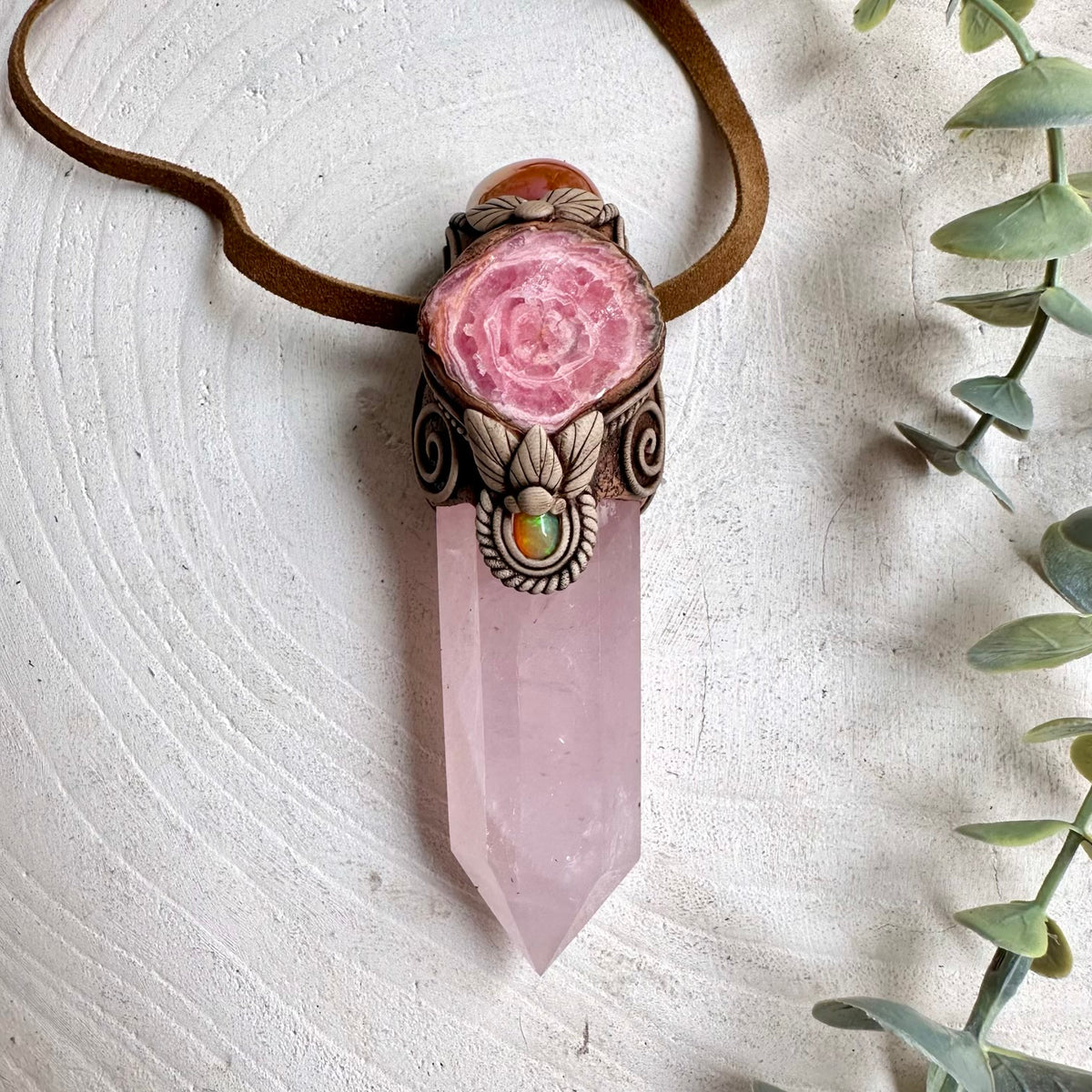 Rose Quartz with Sunset Aura Quartz, Rhodochrosite and Ethiopian Opal Wand / Pendant Necklace