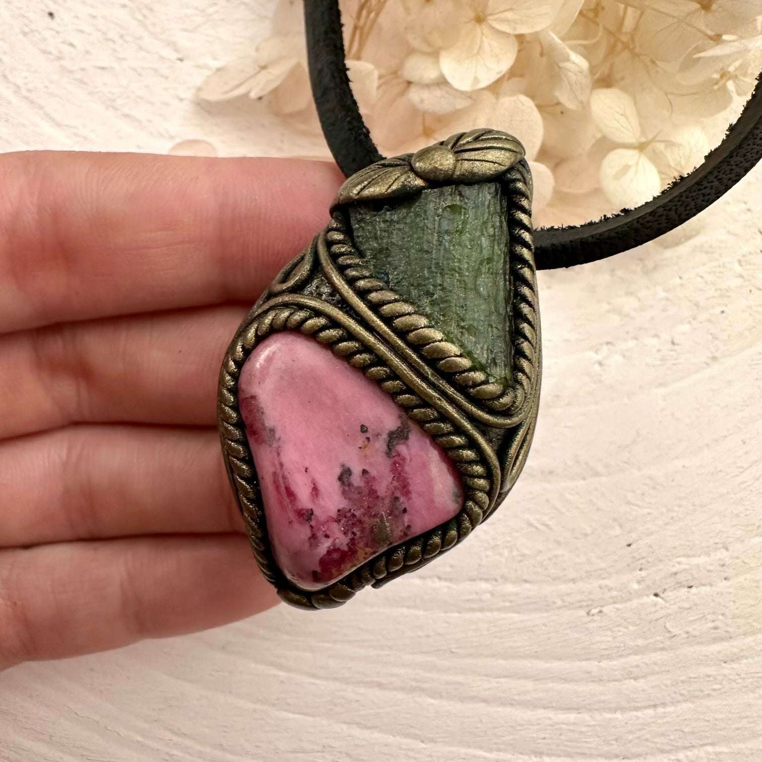 Rhodonite and Moldavite Pendant Necklace - FairyGardenGlow