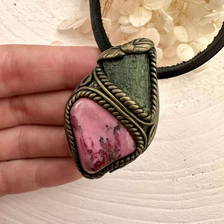 Rhodonite and Moldavite Pendant Necklace - FairyGardenGlow