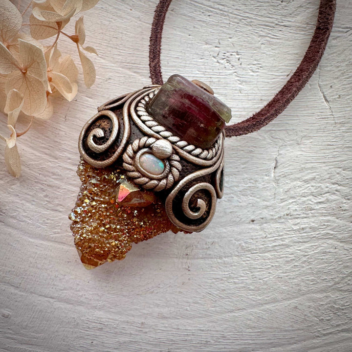 Sunset Aura Spirit Quartz with Bi Color Tourmaline and Australian Opal Necklace - FairyGardenGlow