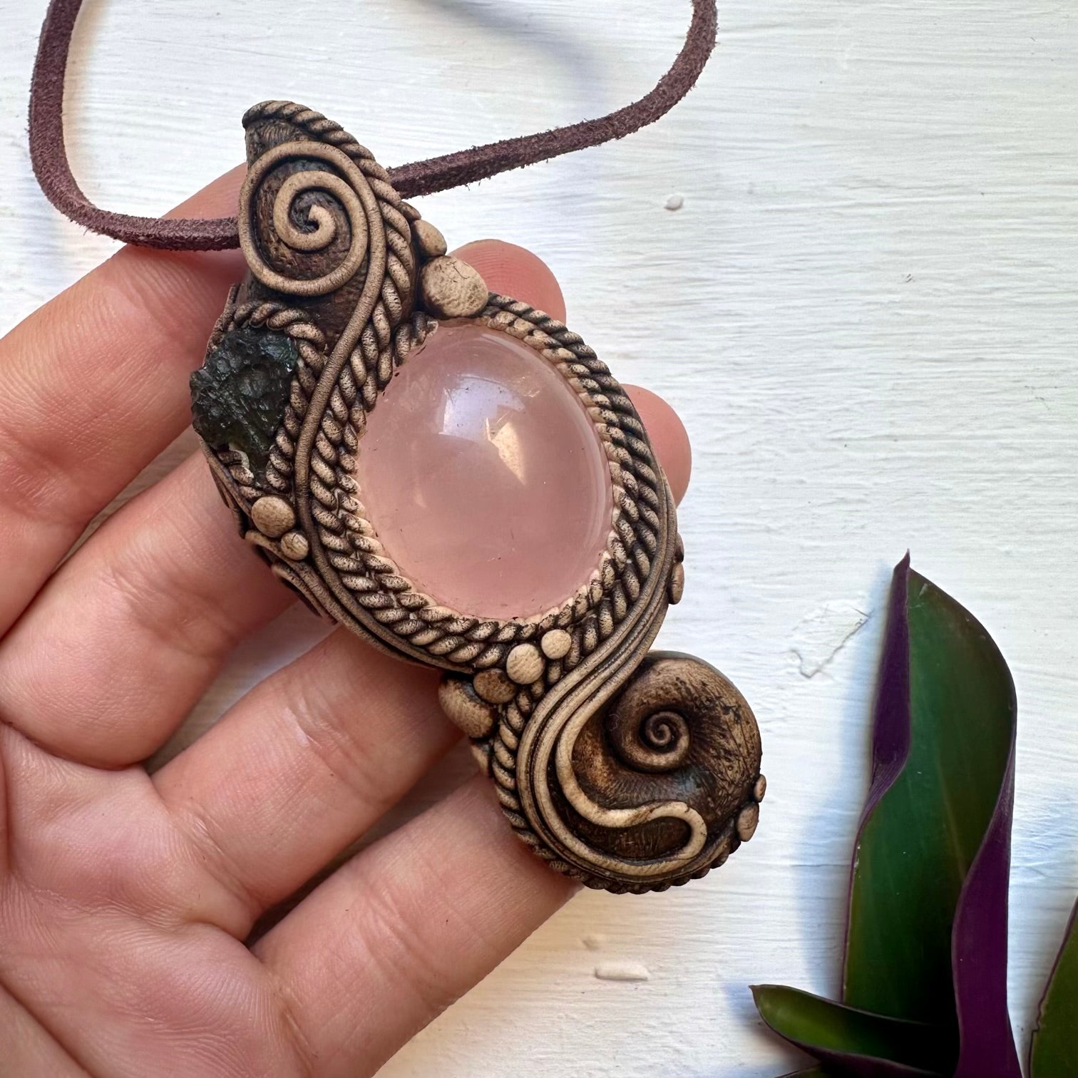 Rose Quartz and Moldavite Pendant Necklace - FairyGardenGlow