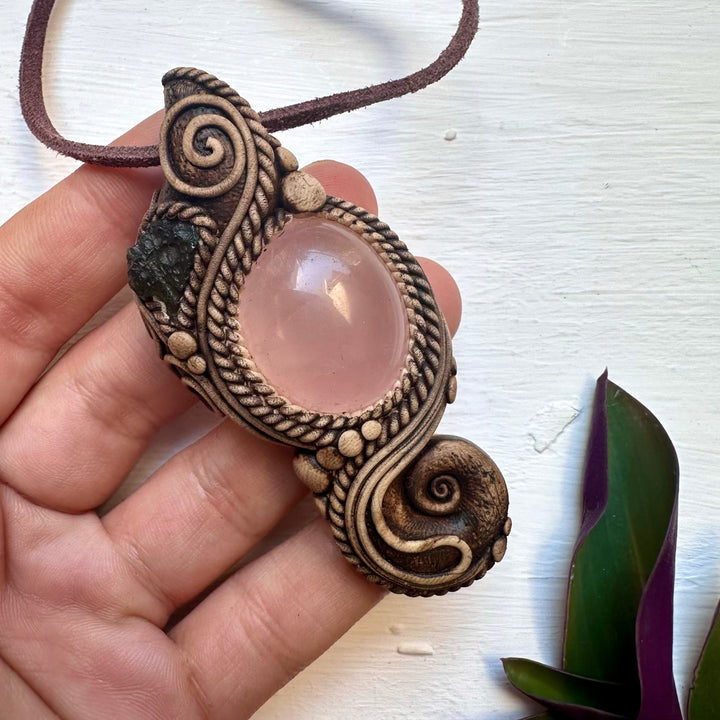 Rose Quartz and Moldavite Pendant Necklace - FairyGardenGlow