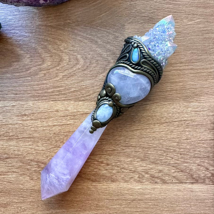 Lavender Fluorite Wand, Angel Aura Spirit Quartz, Rose Quartz Heart, Moonstone and Australian Opal Crystal Wand - FairyGardenGlow