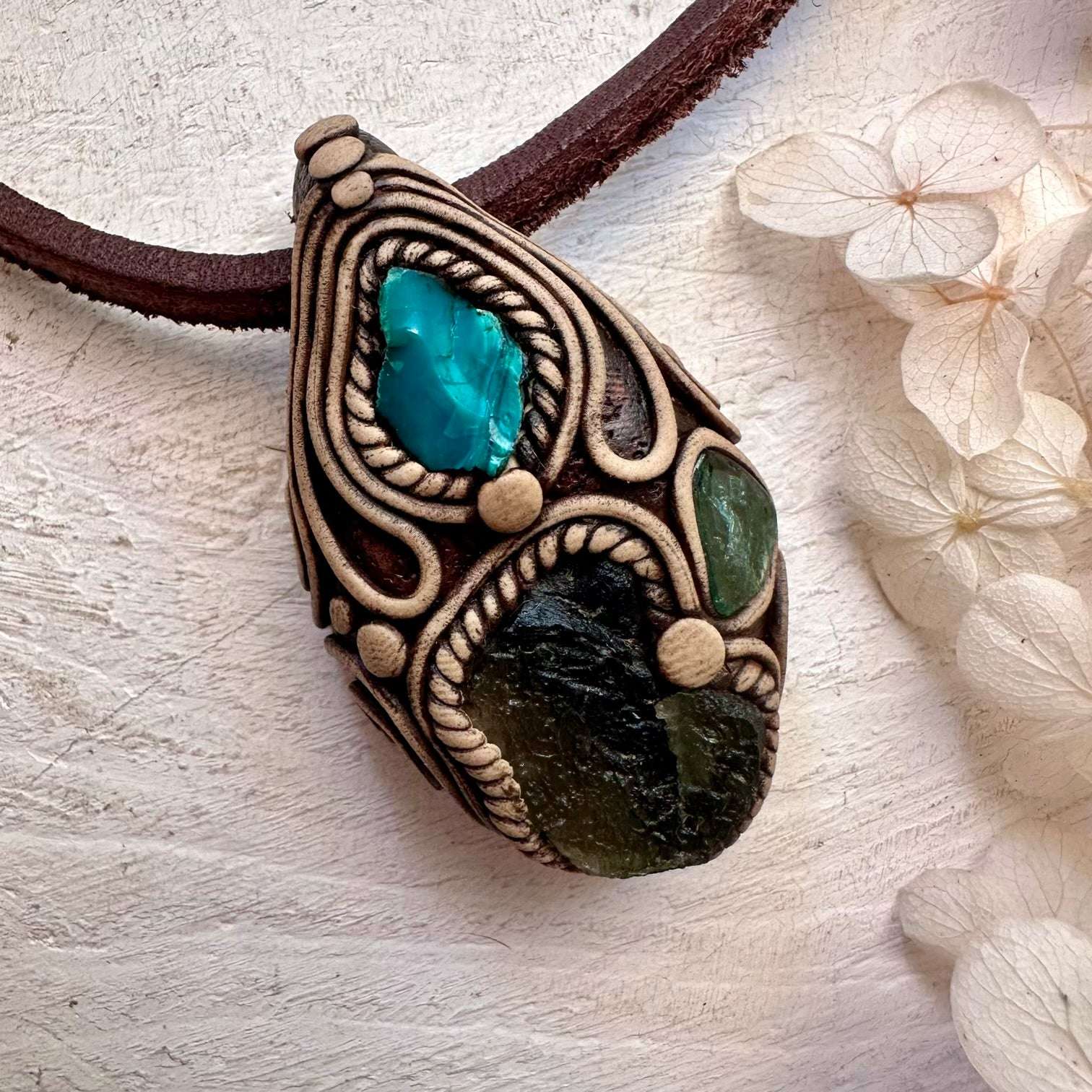 Moldavite Green Tourmaline and Chrysocolla Necklace - FairyGardenGlow