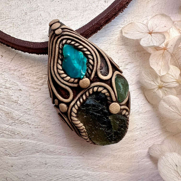 Moldavite Green Tourmaline and Chrysocolla Necklace - FairyGardenGlow