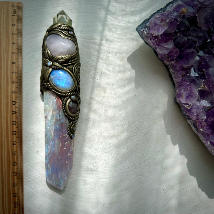 Angel Aura Kunzite with Citrine Point Rose Quartz Heart Strawberry Quartz Rainbow Moonstone and Australian Opal Wand - FairyGardenGlow