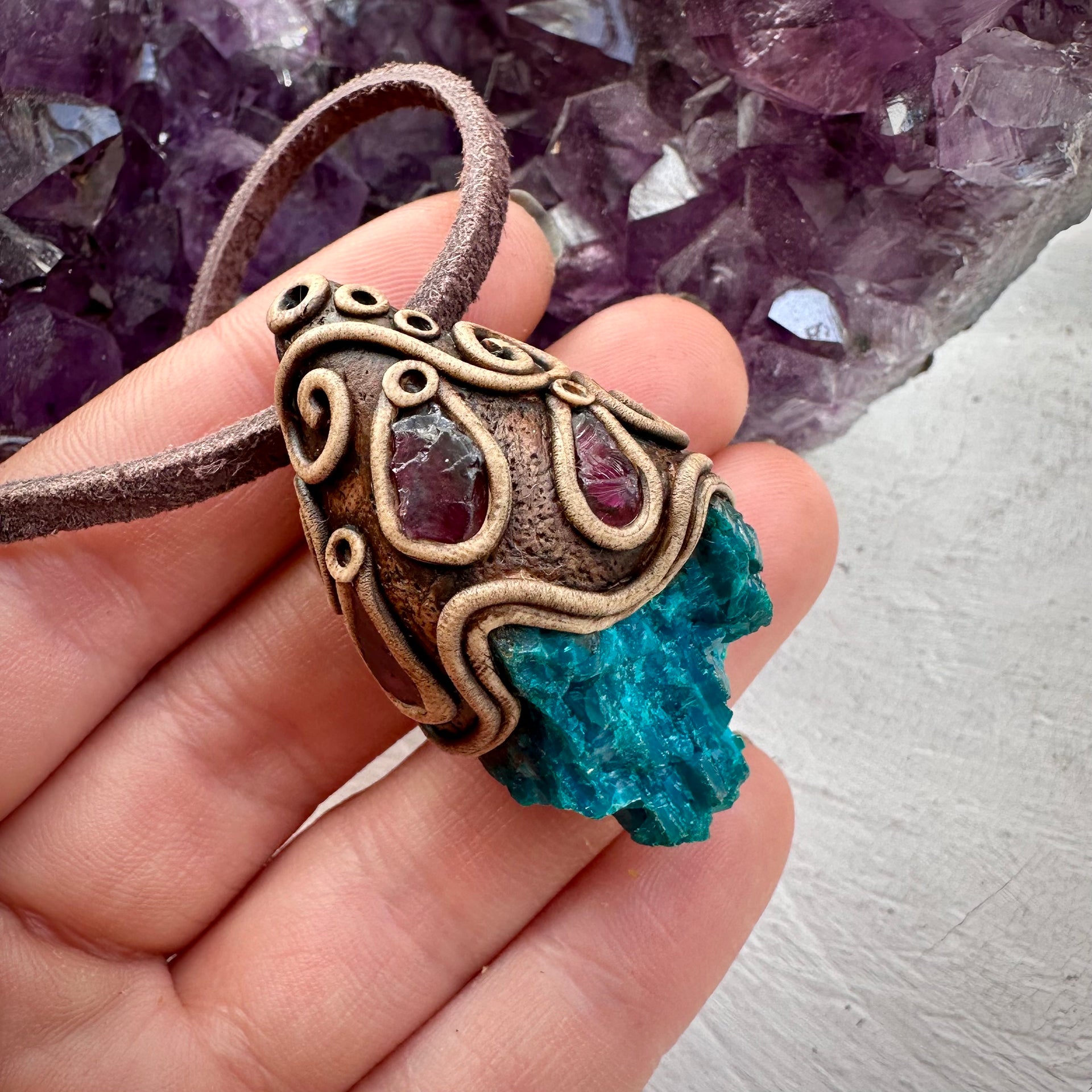 Raw Chrysocolla and Rhdololite Garnet Pendant Necklace - FairyGardenGlow