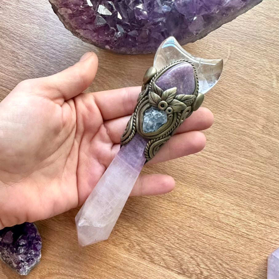 Lavender Fluorite Wand, Clear Quartz Moon, Lepidolite and Celestite Handmade Crystal Wand - FairyGardenGlow