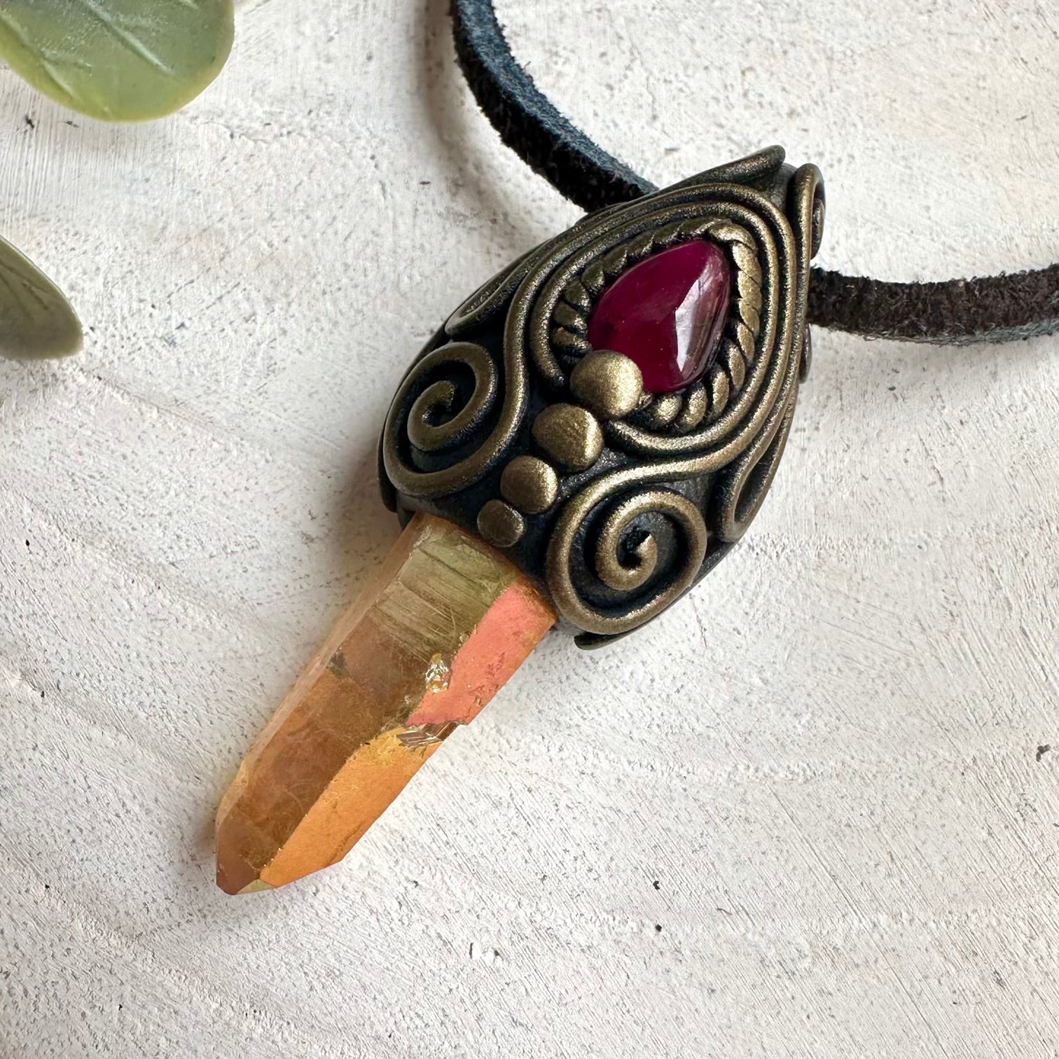 Rhodolite Garnet gemstone necklace paired with Sunset Aura Quartz for passion, confidence, and emotional healing.