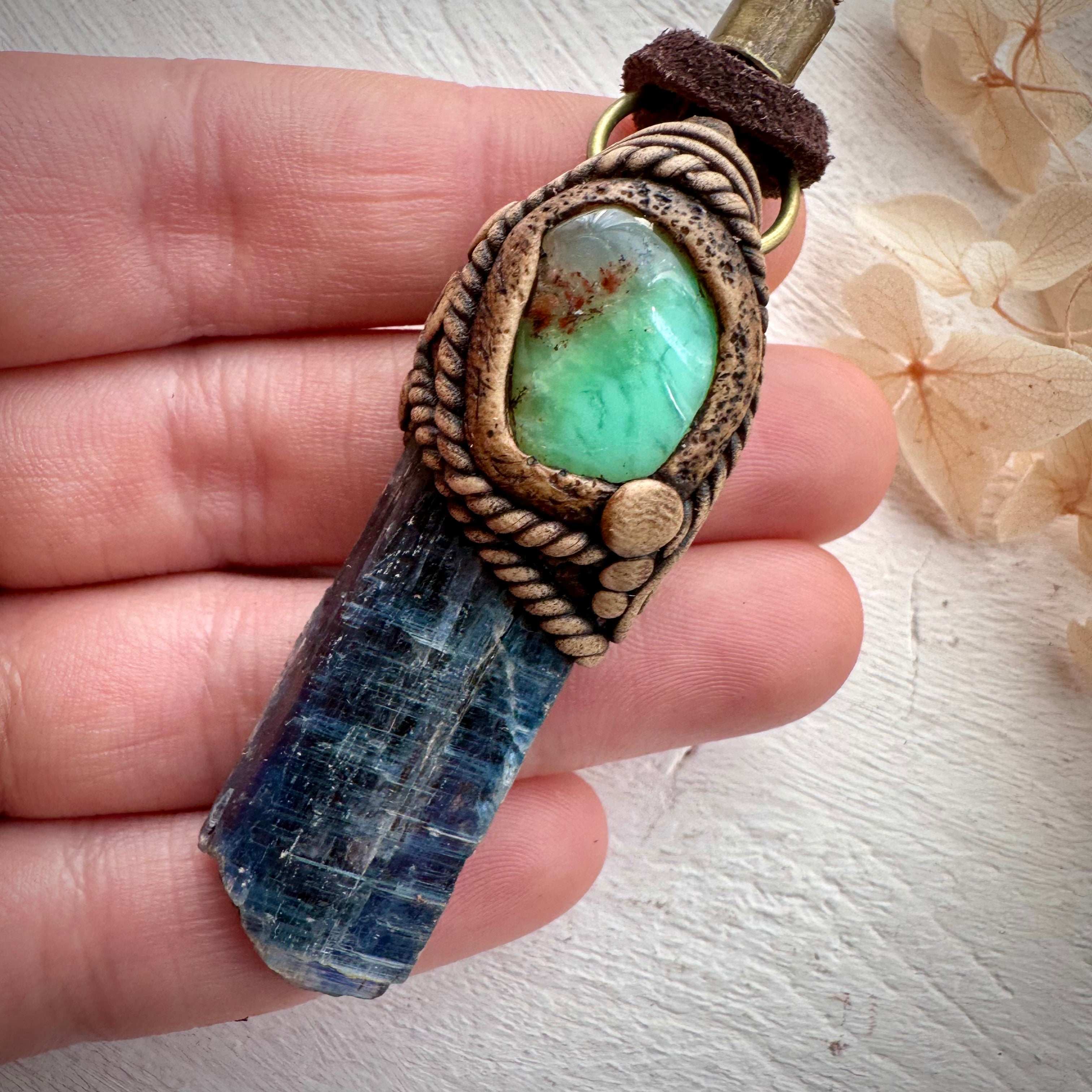 Blue Kyanite and Chrysoprase Pendant - FairyGardenGlow