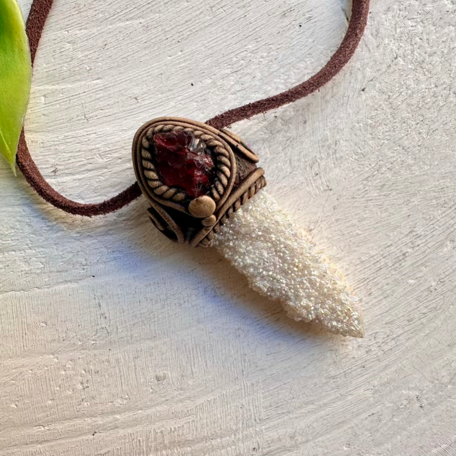 Angel Aura Spirit Quartz and Raw Red Garnet Necklace, Handmade Healing Crystal Pendant