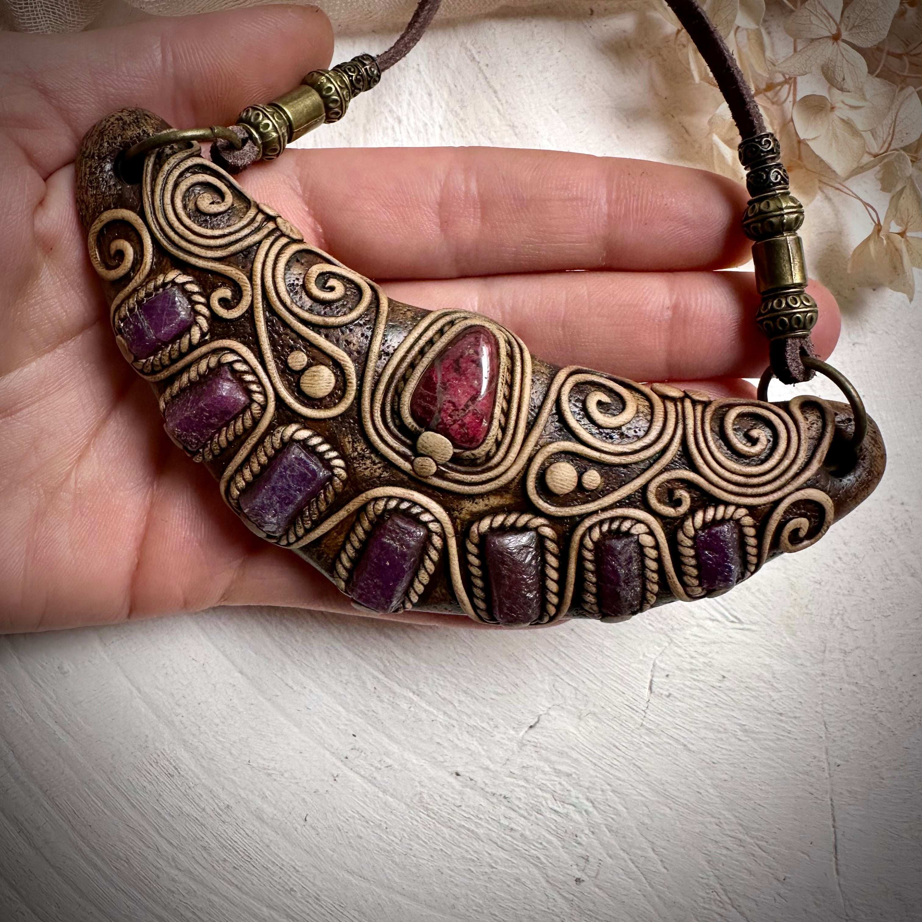Thulite and Ruby Statement Necklace - FairyGardenGlow