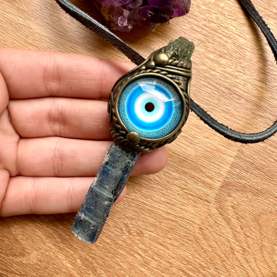Blue Kyanite and Moldavite Evil Eye Protection Amulet, Handmade Crystal Necklace - FairyGardenGlow