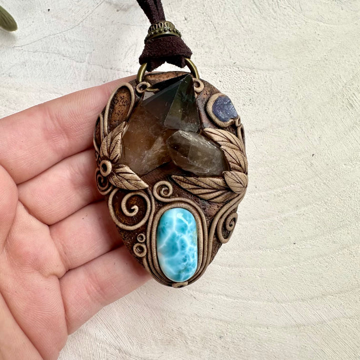 Unique smoky quartz crystal cluster pendant necklace