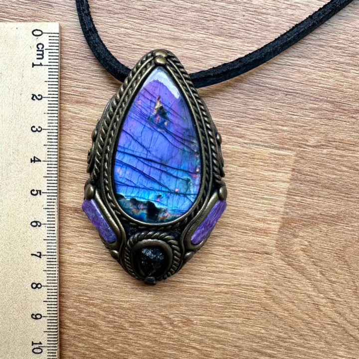 Purple Labradorite Moldavite and Charoite Necklace, One of a kind Handmade Jewlery - FairyGardenGlow