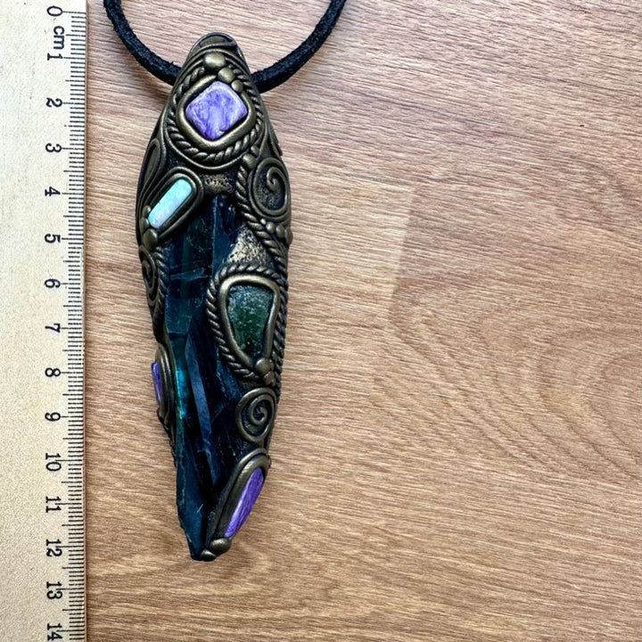 Gorgeous Vivianite with Moldavite, Charoite, Solid Australian Opal, and Lapis Lazuli Healing Crystal Wand-Pendant, Handmade Healing Crystal Talisman - FairyGardenGlow