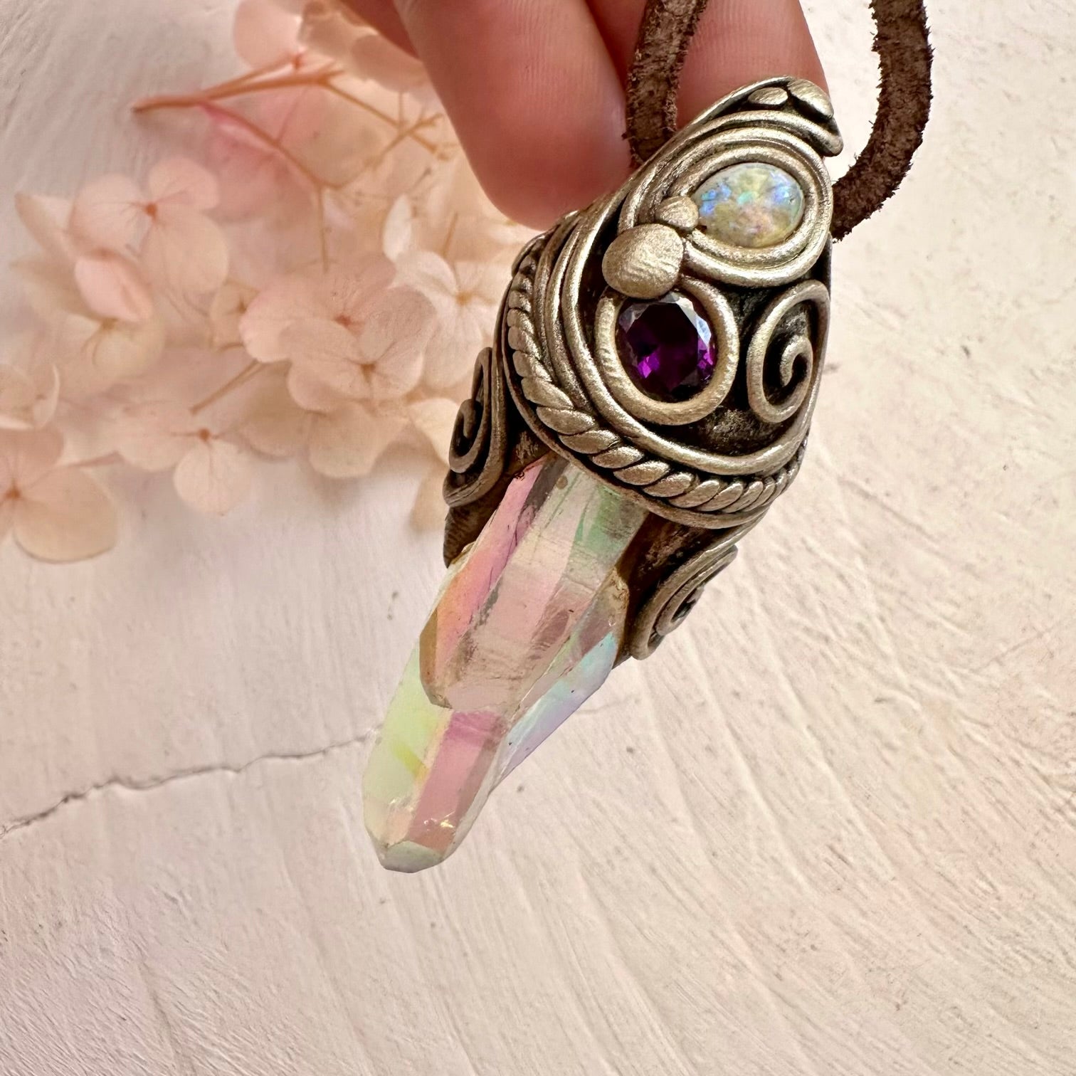 Angel Aura Quartz Cluster Amethyst and Australian Opal Necklace - FairyGardenGlow