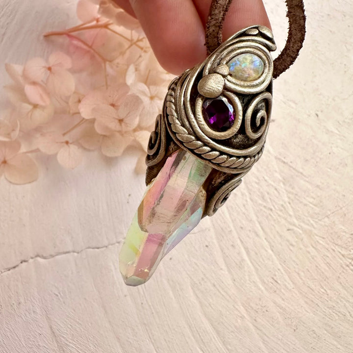 Angel Aura Quartz Cluster Amethyst and Australian Opal Necklace - FairyGardenGlow
