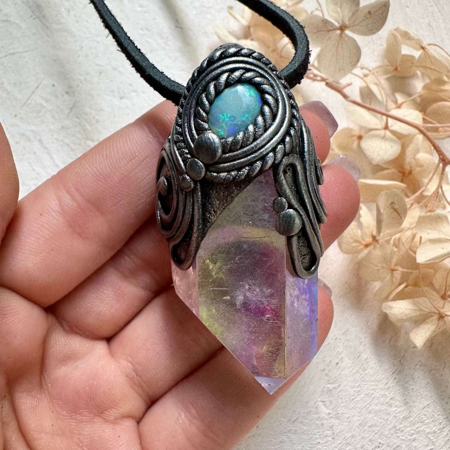 Angel Aura Quartz and Australian Opal Necklace - FairyGardenGlow