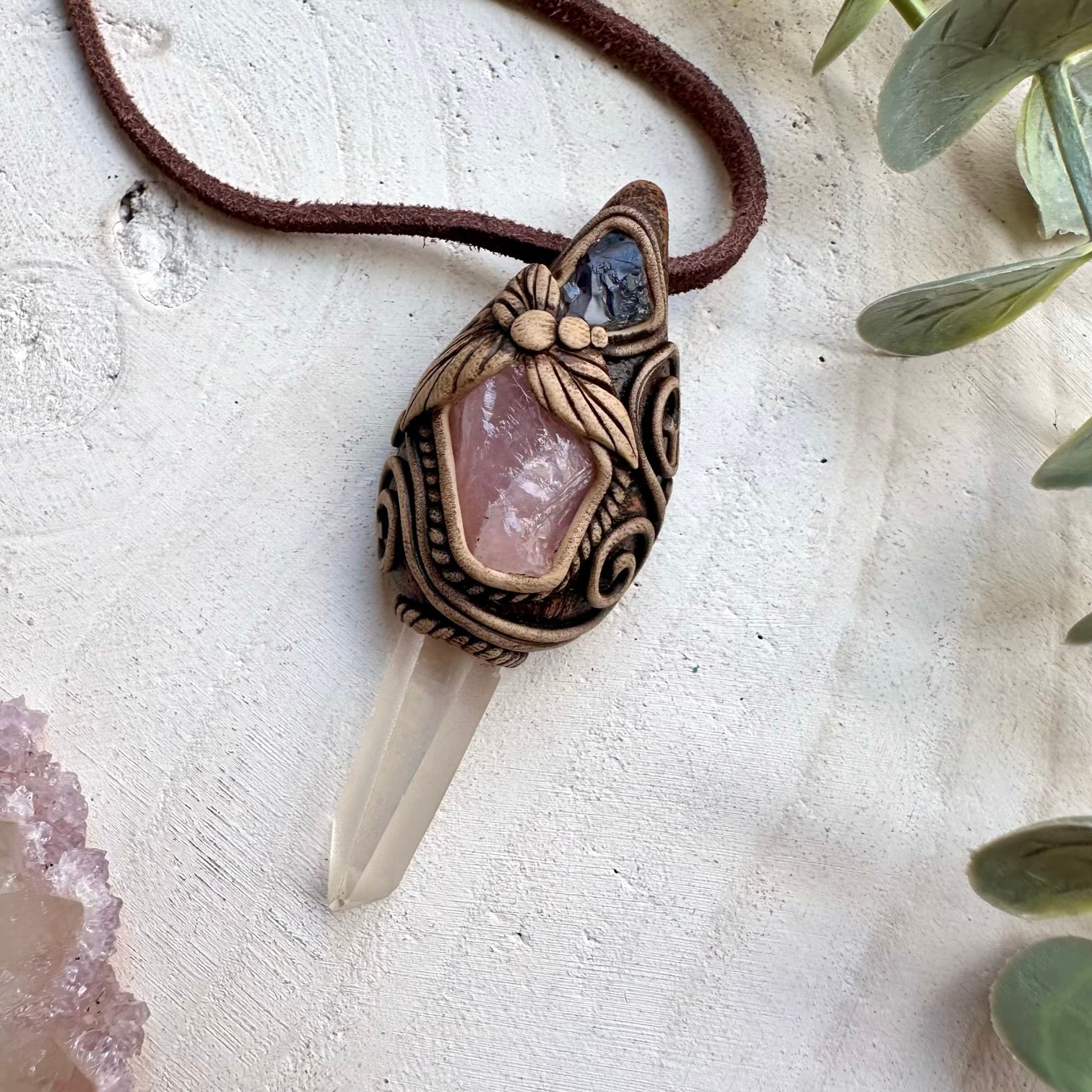Natural gemstone necklace with lemurian quartz rose quartz and tanzanite