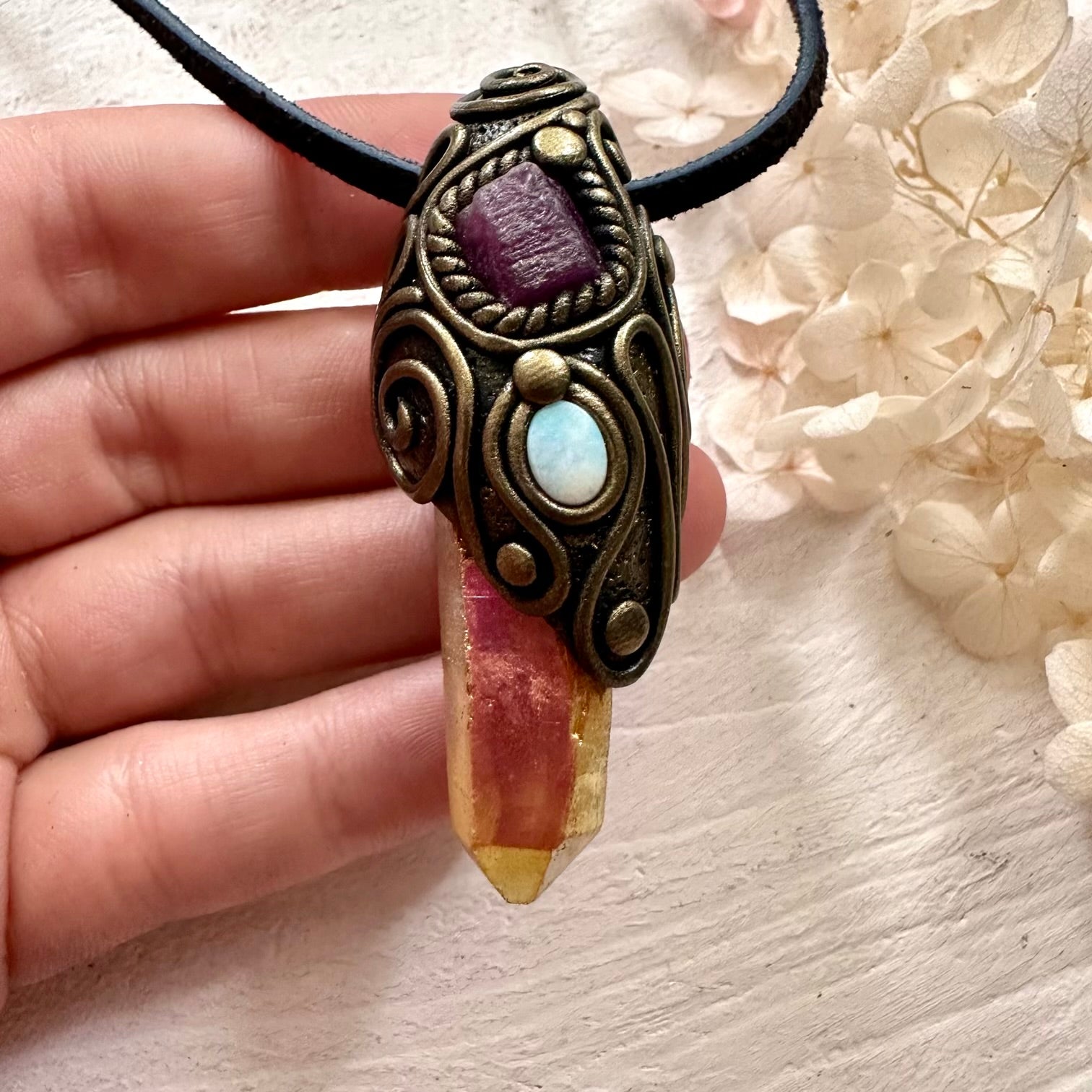 Sunset Aura Quartz Ruby and Australian Opal Necklace - FairyGardenGlow