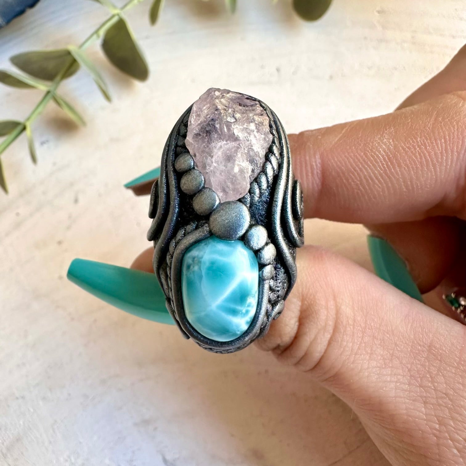 One of a kind larimar and rose quartz gemstone ring