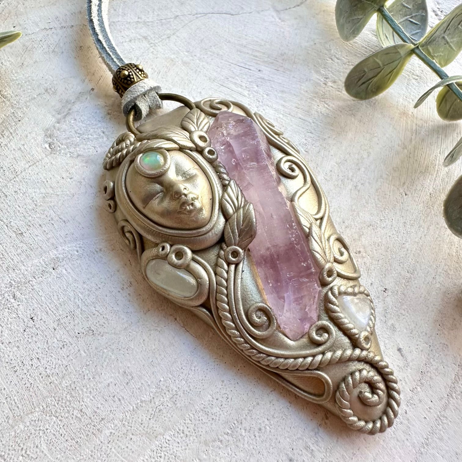 One of a kind handmade necklace combining purple Amethyst with soft Moonstone and iridescent Opal.
