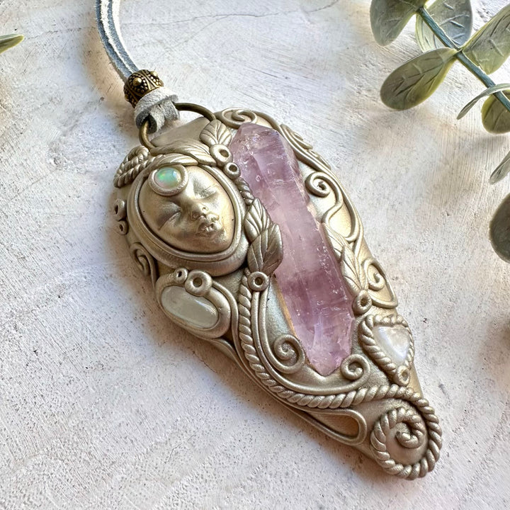 One of a kind handmade necklace combining purple Amethyst with soft Moonstone and iridescent Opal.