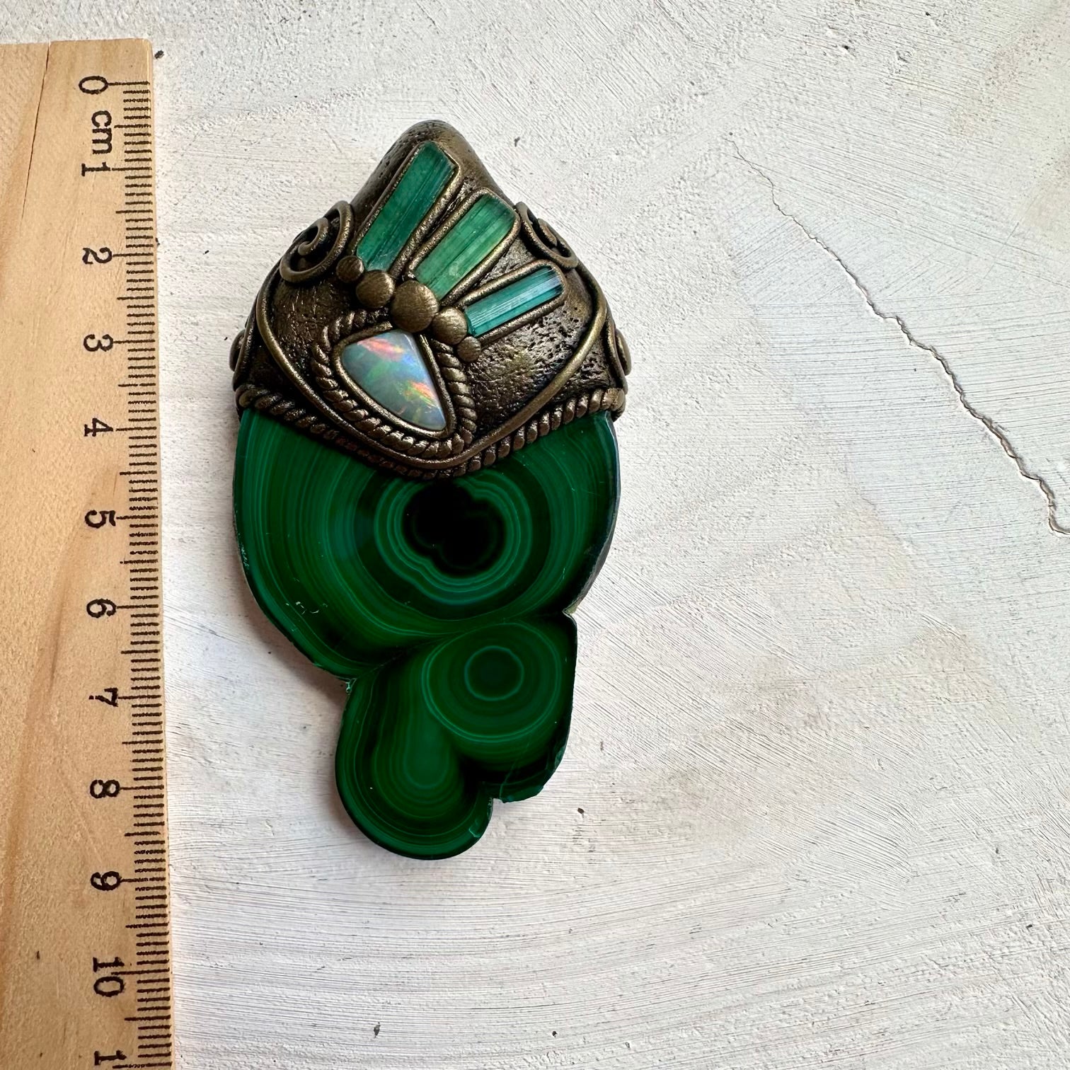 Wearable art gemstone necklace with green tourmaline crystal malachite stalactite slice and solid australian opal