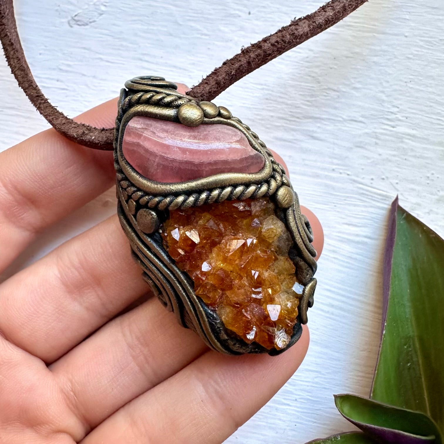 Citrine Cluster and Rhodochrosite Necklace, Handmade Healing Crystal Pendant