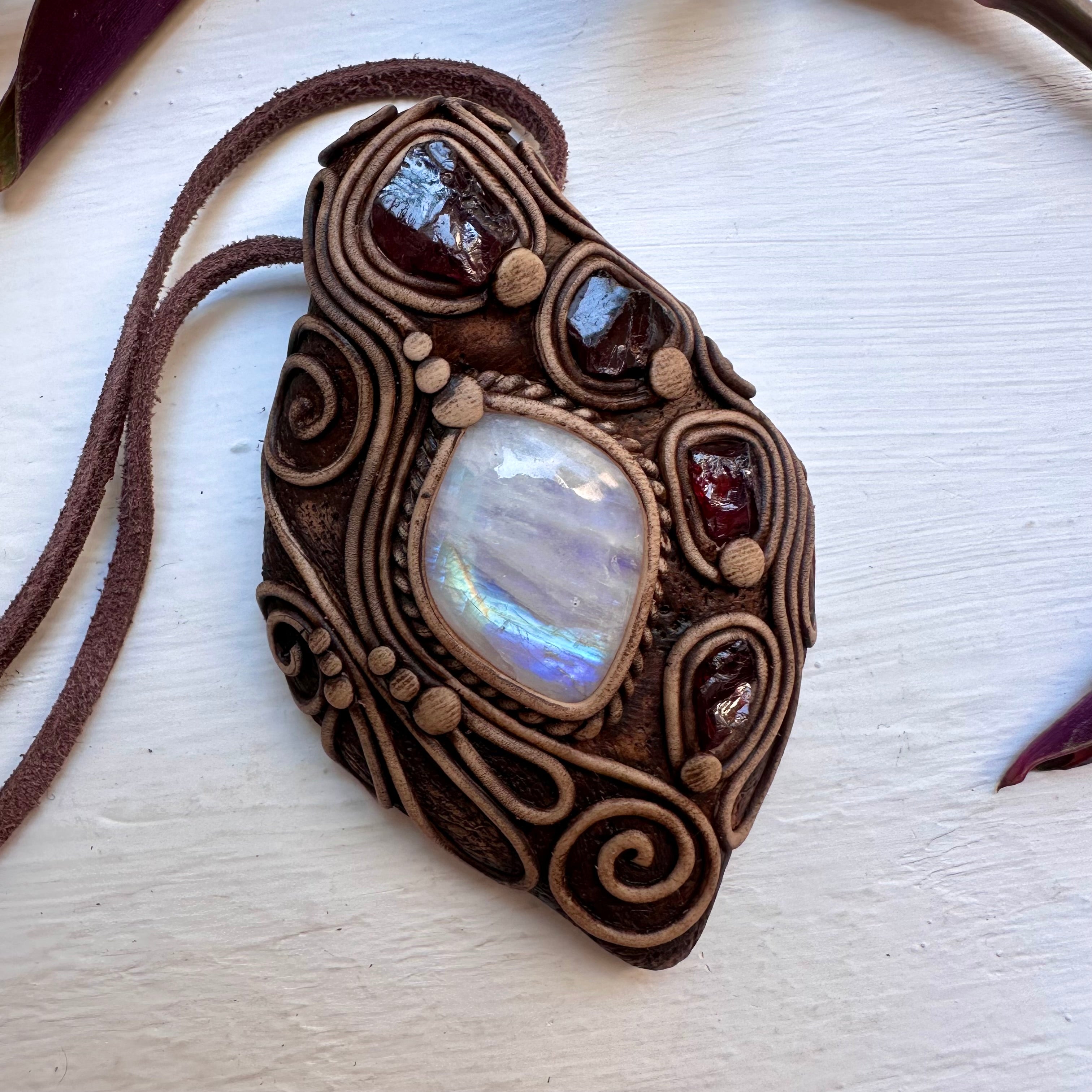 Rainbow Moonstone and Red Garnet Necklace - FairyGardenGlow