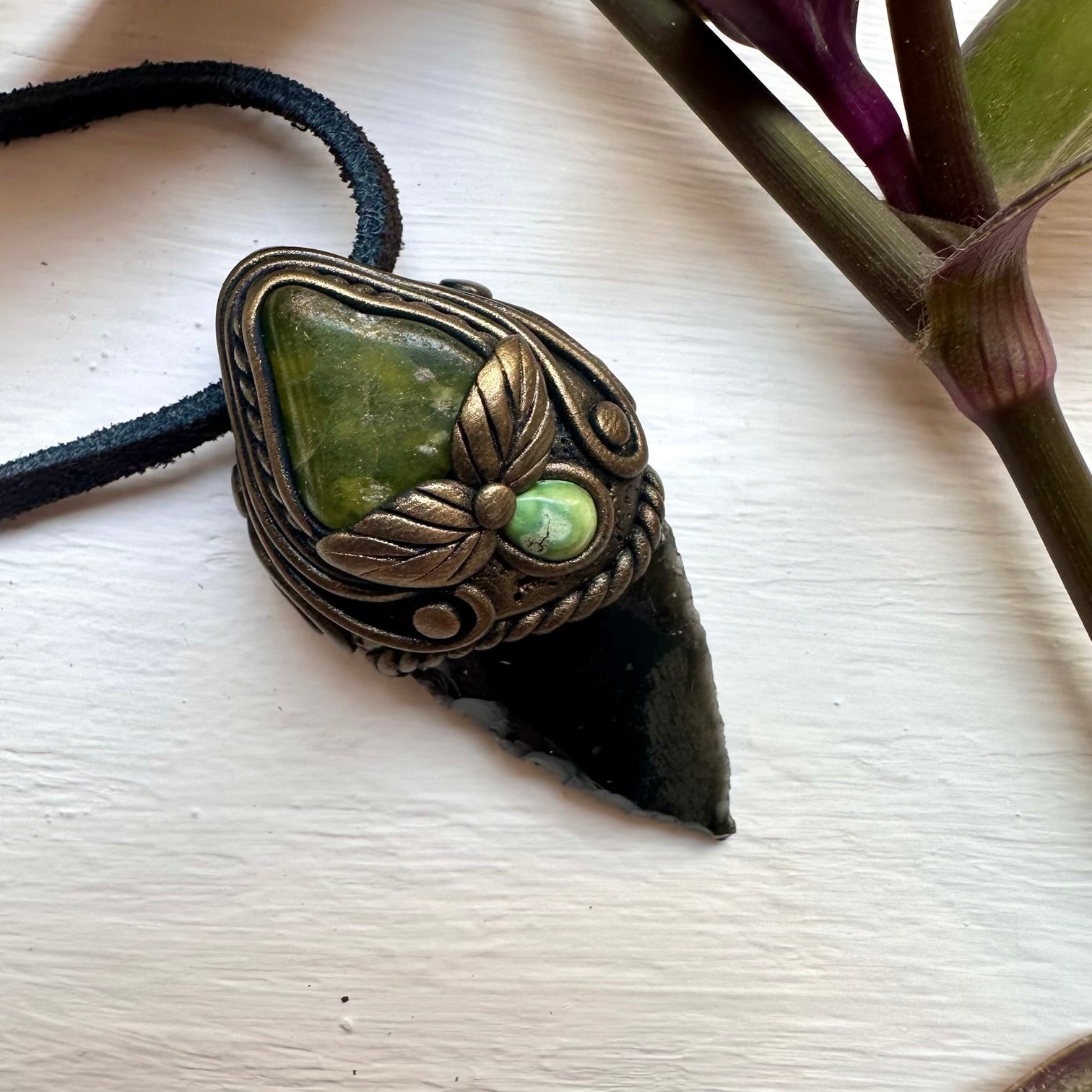 Black Obsidian Arrowhead Vesuvianite and Tibetan Turquoise Pendant - FairyGardenGlow