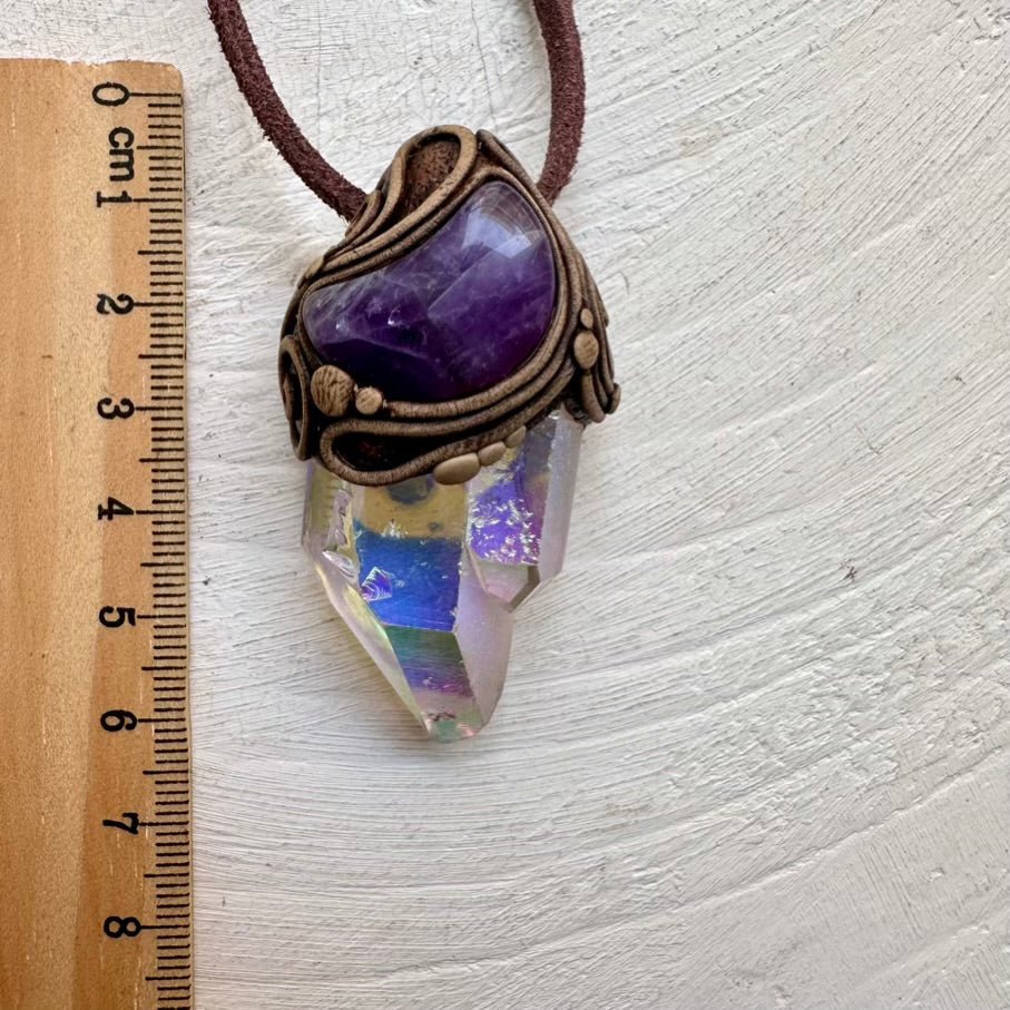 Angel Aura Quartz and Amethyst Moon Necklace, Handmade Crystal Jewelry FairyGardenGlow