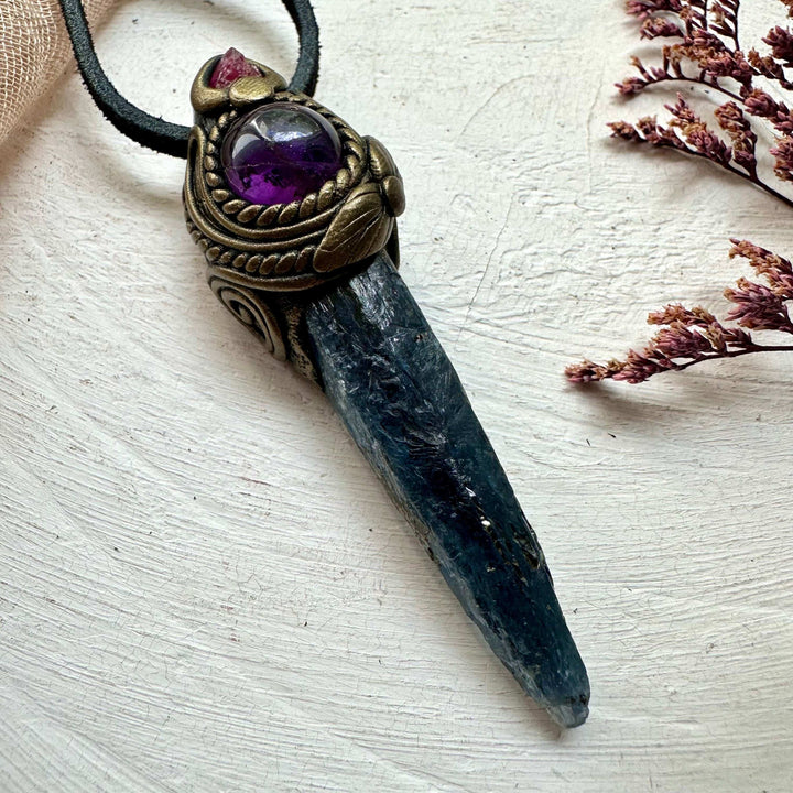 Blue Kyanite Amethyst and Raw Spinel Necklace - FairyGardenGlow