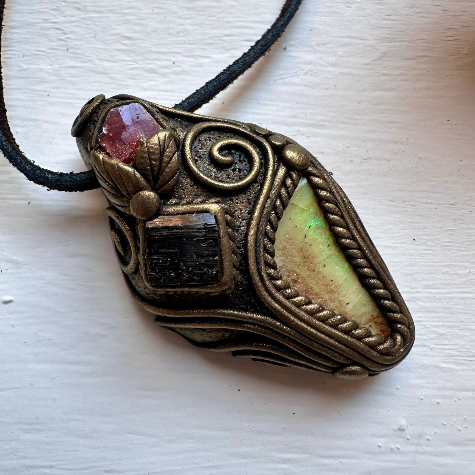 Boulder Opal Black Tourmaline and Vanadinite Pendant Necklace - FairyGardenGlow