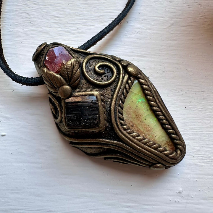 Boulder Opal Black Tourmaline and Vanadinite Pendant Necklace - FairyGardenGlow