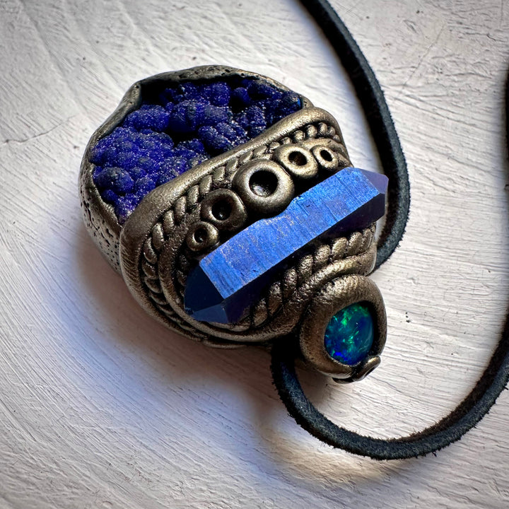 Azurite with Cobalt Aura Quartz and Black Australian Opal Pendant Necklace - FairyGardenGlow