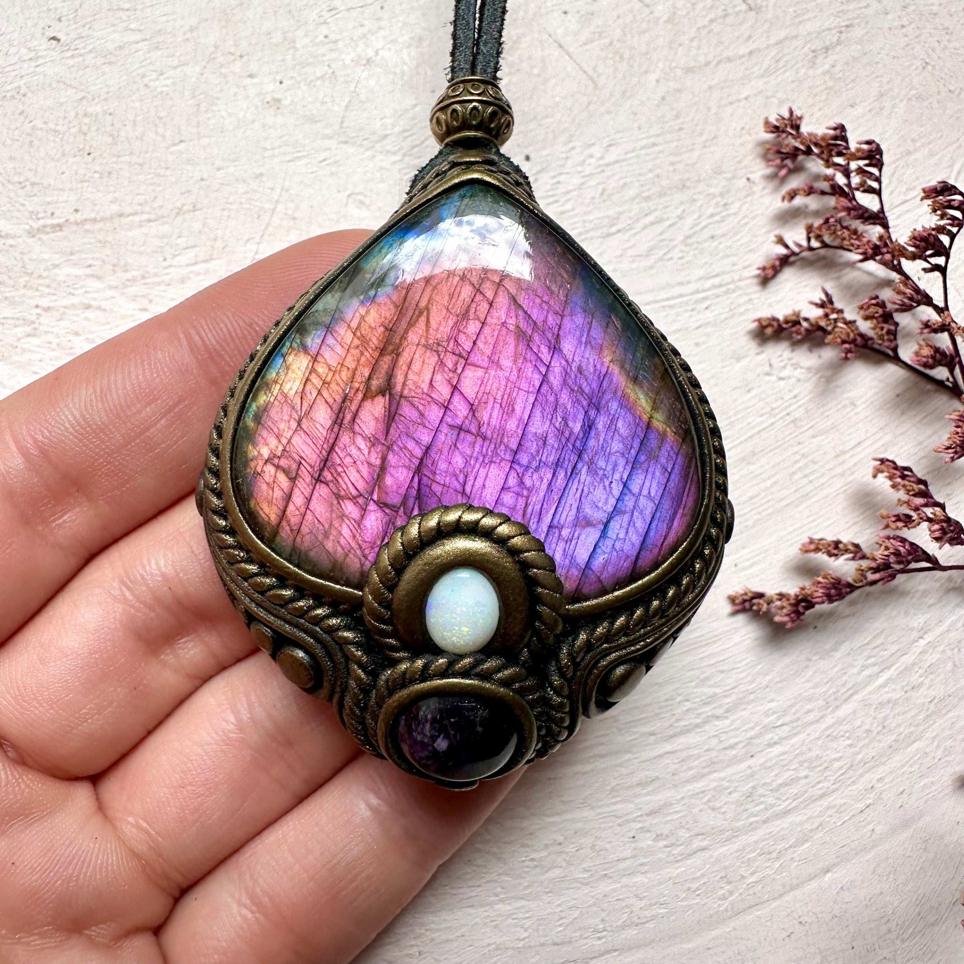 Labradorite Australian Opal and Amethyst Necklace - FairyGardenGlow