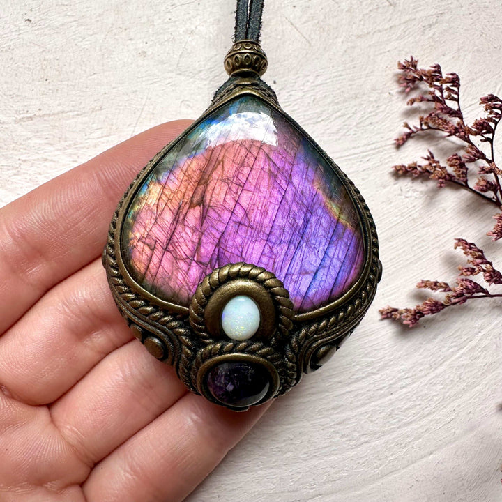 Labradorite Australian Opal and Amethyst Necklace - FairyGardenGlow