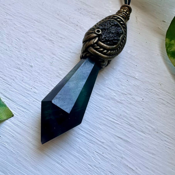 Blue Rainbow Fluorite and Moldavite Pendant Necklace - FairyGardenGlow