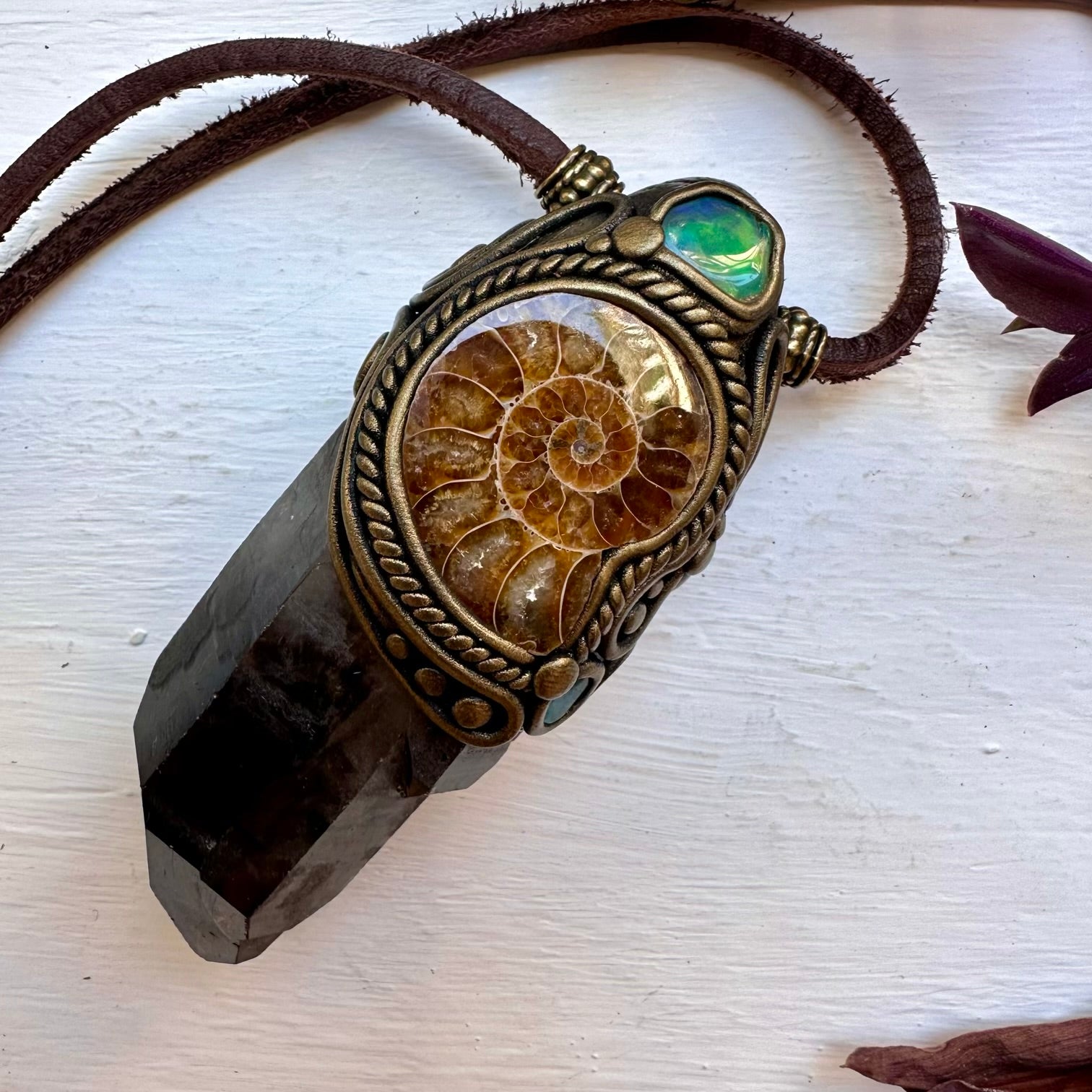 Smoky Quartz Ammonite Opal and Blue Apatite Wand / Pendant - FairyGardenGlow