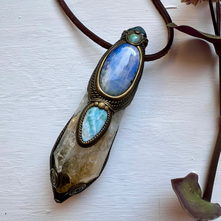 Citrine Moonstone Opal Larimar Aqua Aura Quartz and Blue Sapphire Crystal Wand / Pendant - FairyGardenGlow