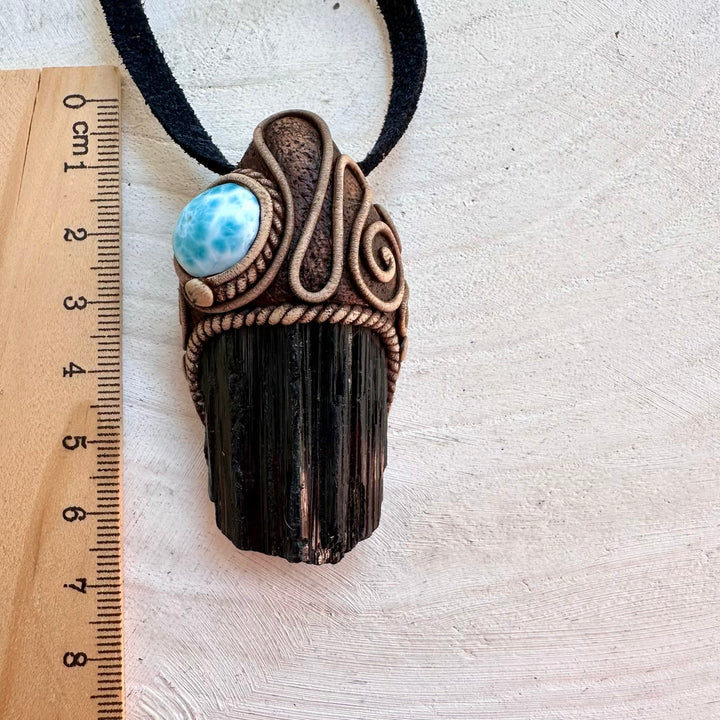 Natural gemstone necklace with Black Tourmaline and Larimar